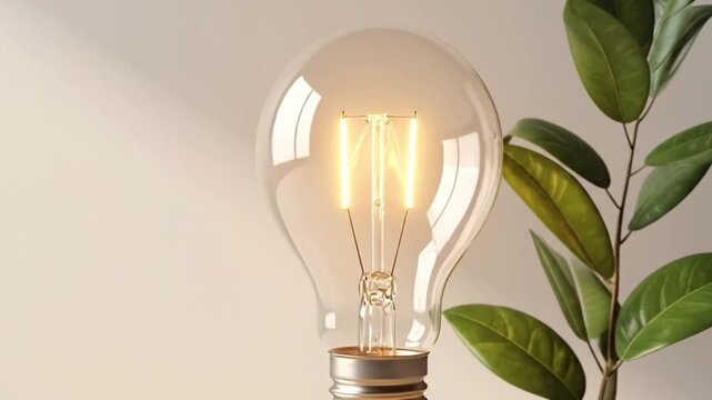 Glowing Light Bulb with Green Leaves.