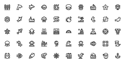 Ocean icon set. Includes seaweed, dolphin, shark, coral, starfish, shell, whale, octopus, turtle, boat, anchor, pirate, seahorse, jellyfish, crab, and more. Editable vector stroke. © wang