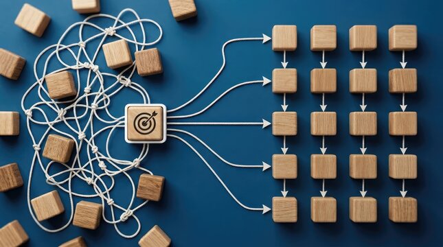 Wooden cubes tangled mess transform into organized flowchart