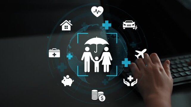 Family Protection Illustration with Icons Representing Health, Insurance, Finance, Travel, and Safety on a Digital Background. Entropy.