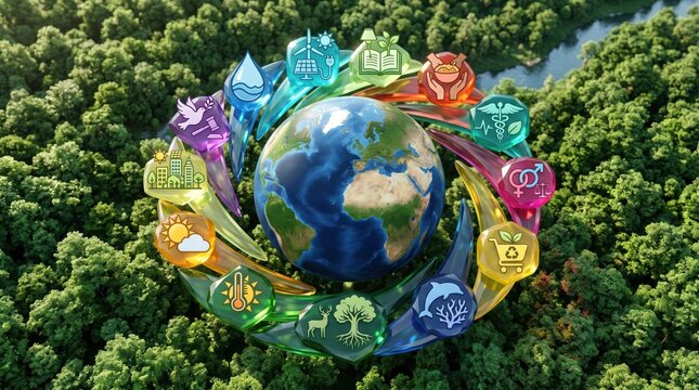 Sustainable development goals icons surrounding planet earth over green forest background, representing environmental protection, ecology, renewable energy