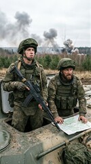 Obraz premium Two men, soldiers, with a firearm and a map on a military vehicle. Combat operations and war concept for Veterans Day.
