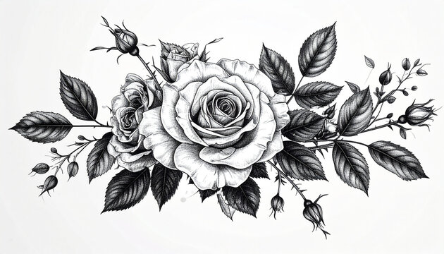Monochrome Rose Arrangement: A detailed pencil drawing of a blooming rose bouquet, featuring intricate petals and lush foliage, presented in a classic black and white aesthetic.