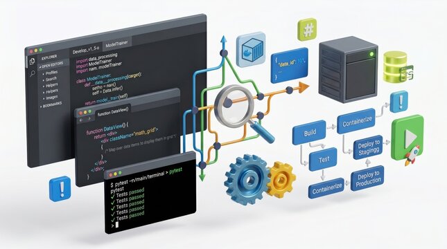 Software development workflow illustration, coding screens with Python and HTML code, DevOps CI/CD pipeline diagram, containerization and deployment process