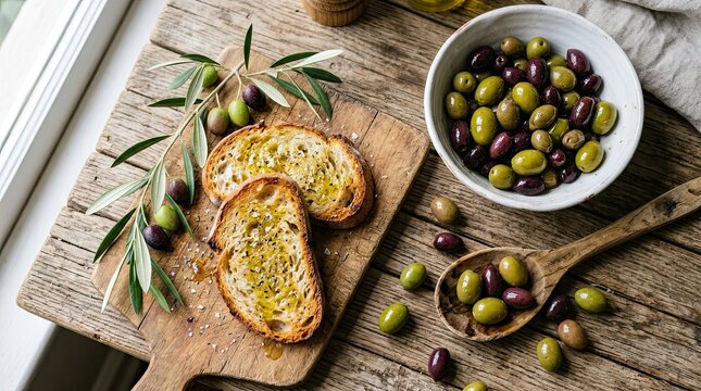 Rustic mediterranean appetizer featuring toasted bread drizzled with olive oil and seasoned with herbs served alongside a bowl of mixed green and black olives and a sprig of olive branches