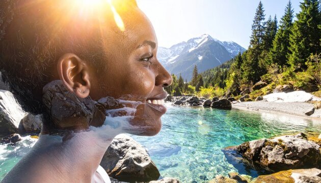 Woman relaxing in natural hot spring.