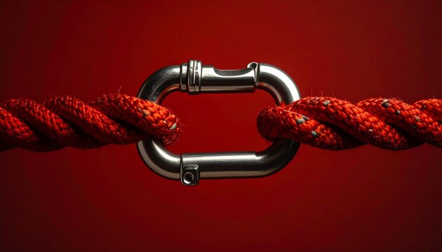 Close Up of Red Rope Connected by Shiny Metal Carabiner Against Red Background Highlighting Connection and Detail