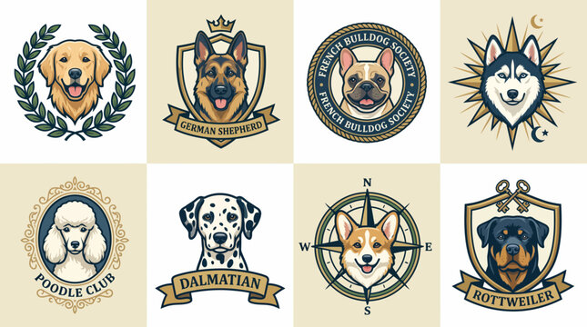 Set of vintage dog breed logos and emblems featuring various dog portraits.