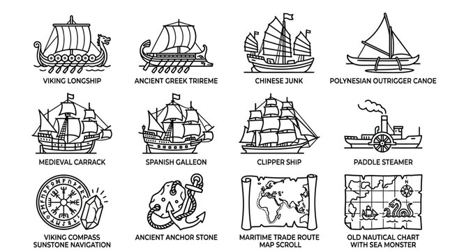 Set of vintage nautical historical ships and maritime navigation tools.
