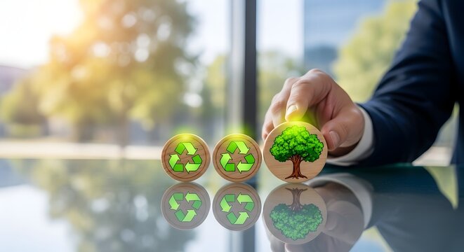 Businessman places wooden circle with tree symbol next to recycling symbols
