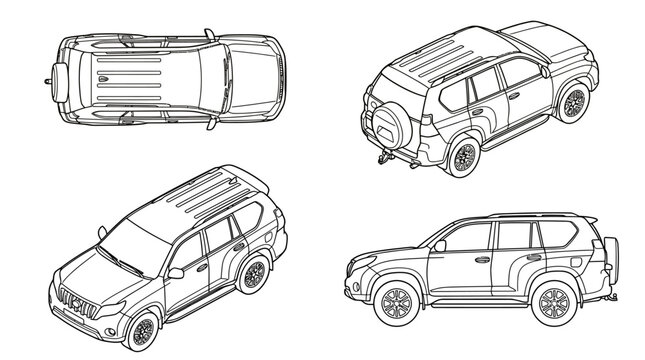 Technical line drawing of a generic SUV in multiple isometric and orthographic views.