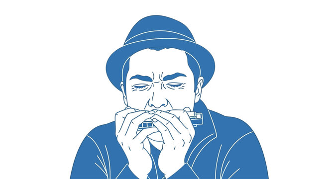 Man wearing a hat playing harmonica.