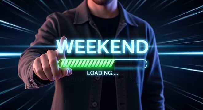 Man pressing weekend loading bar with blue light streaks