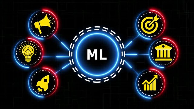 Machine learning concept animation showing icons connected to a central node.