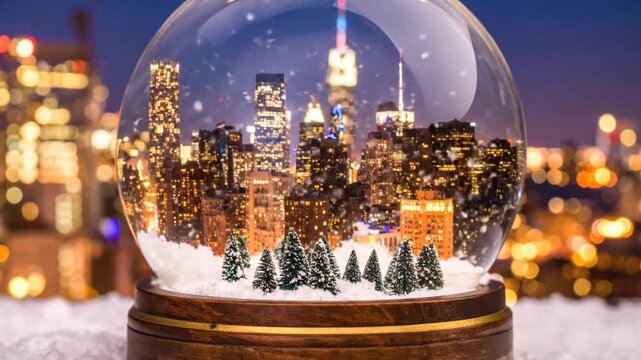 Festive snow globe with miniature New York City skyline and falling snow, illuminated against a blurred urban background at night