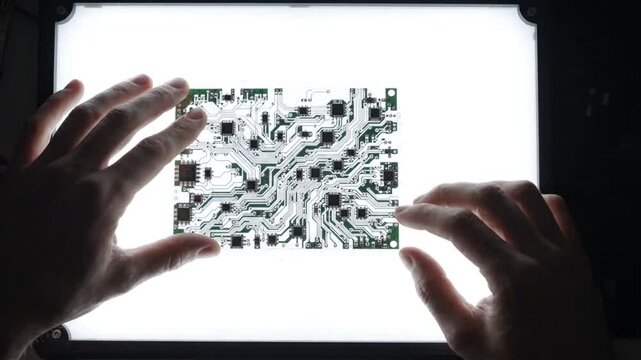 Hands examining intricate circuit board schematic on light table.