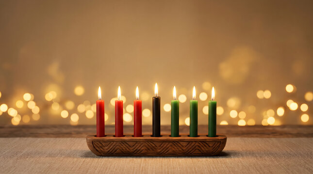 Seven Lit Kwanzaa Candles in a Wooden Kinara Against a Warm Festive Bokeh Background