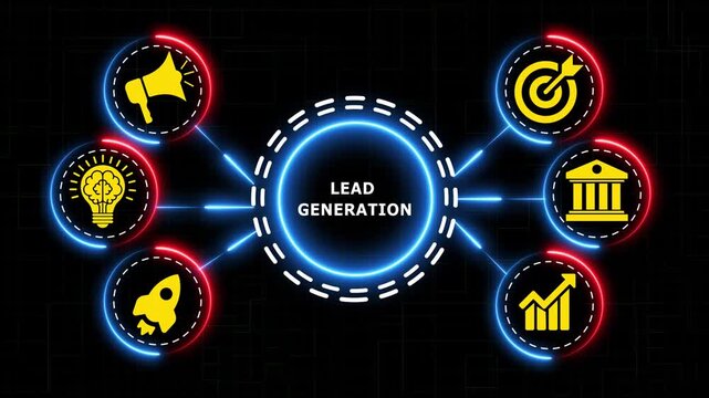 Lead generation process shown with business icons around a central glowing circle.