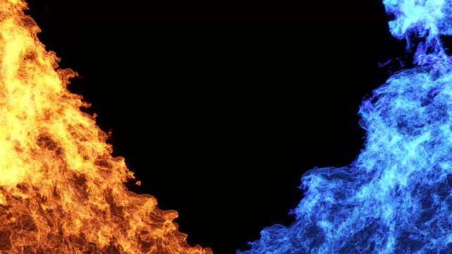 Intense double burning flames fire blazing on black backgrounds  footage video rendering