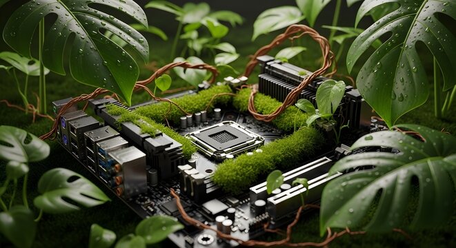 Motherboard integrated with lush green moss and tropical leaves