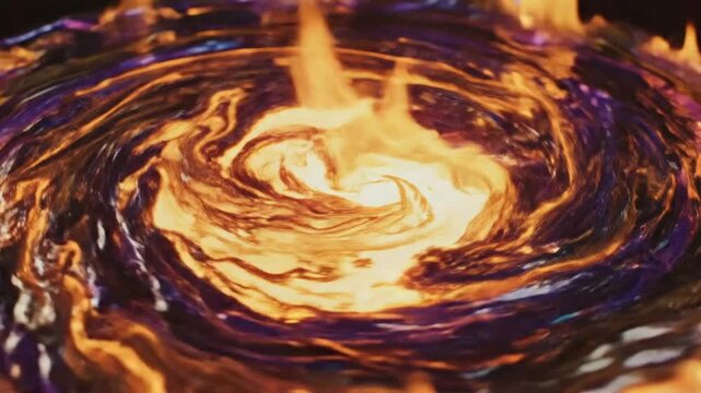 Royal gold and purple liquid fire loop creates mesmerizing patterns in a dark space with dynamic movement and flow