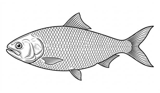 Hilsa Fish Vector Line Art Illustration Black and White Isolated on White Background