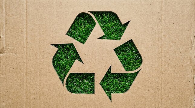 Recycling symbol on cardboard with green grass background eco friendly concept