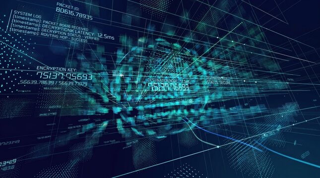 Futuristic digital data encryption network with glowing nodes, secure packet routing, latency logs, and cryptographic keys visualized in cyber space for cybersecurity concept