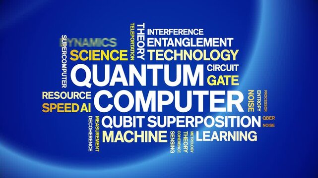 Quantum Computer animated word cloud-text design animation tag kinetic typography seamless loop.