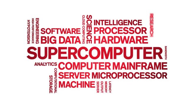 Supercomputer animated word cloud-text design animation tag kinetic typography seamless loop.