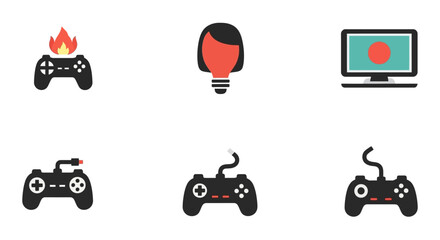 Gaming controllers and video game symbols. © Mami