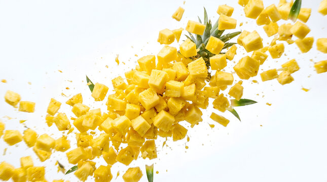 Tropical pineapple cubes flying in chaos on white background. Levitation of yellow fruit chunks