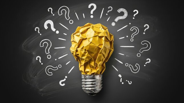 Crumpled paper light bulb with question marks on chalkboard