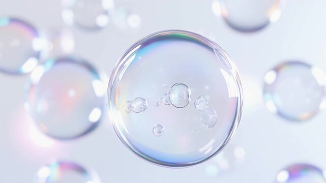 透明なガラス分子がパステルカラーの光に包まれながら優雅に浮遊する高級スキンケアコンセプト動画。ヒアルロン酸やセラミド、コラーゲン、ペプチドなどの美容液成分をイメージした未来的なビューティーサイエンスアニメーション。白を基調とした清潔感のある背景と透明感あふれる発光表現が高保湿やツヤ肌、エイジングケアを連想させる美容広告向け動画素材。ジェネレーティブAI