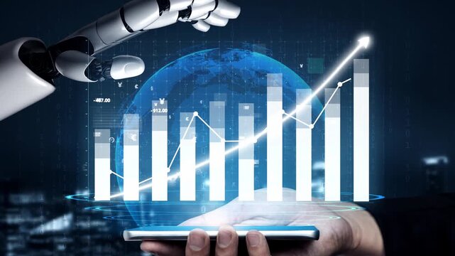A robotic hand interacts with a smartphone displaying financial charts, illustrating the synergy between technology and business growth in the digital age. Copula
