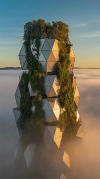 Futuristic Geodesic Skyscraper with Vertical Forest Above Clouds Generative AI