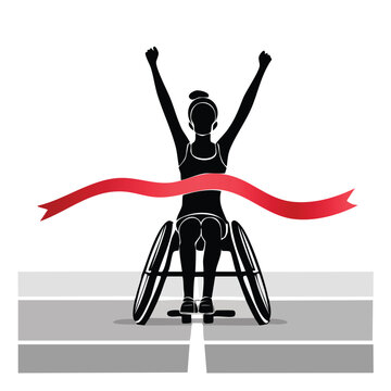 Female para athlete in racing wheelchair crossing finish line winning race with wheelchair racer wheelchair disabled competition paralympic marathon disability determination performance