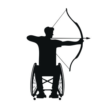 Male para athlete archer in wheelchair aiming bow and arrow with wheelchair disabled paralympic competition disability precision parathlete training activity movement strength determination