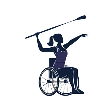 Female para athlete in wheelchair preparing to throw javelin with track and field wheelchair disabled paralympic disability competition parathlete training physical strength movement