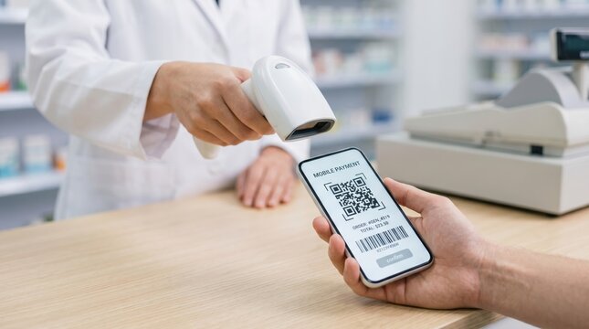 Pharmacist scanning a QR code on a smartphone for mobile payment at a pharmacy counter, illustrating cashless transaction, digital wallet usage