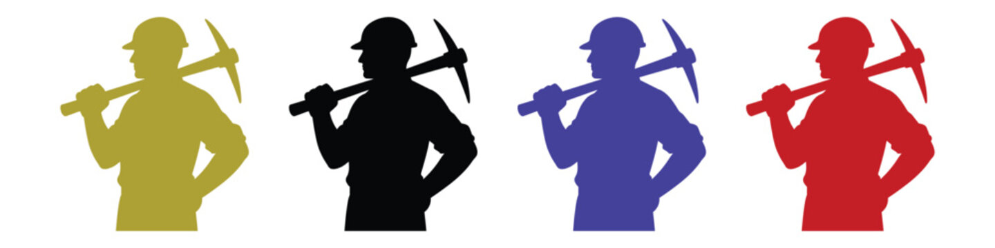 Miner with pickaxe during work in silhouette style Isolated on white background