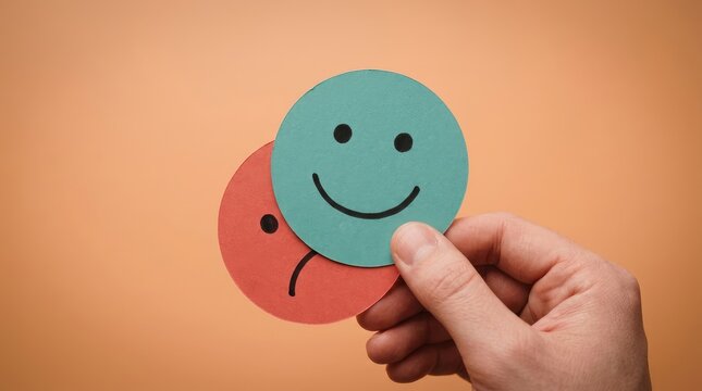 Hand holding smiling and frowning paper faces on orange background