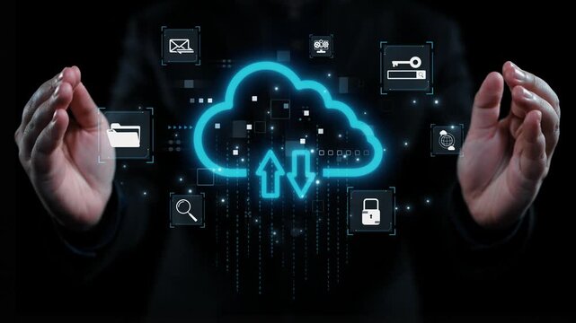 Explore a modern representation of cloud computing featuring hands and vibrant icons that symbolize data transfer, storage, and security in a digital landscape. Qubit