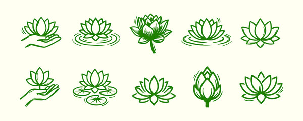 Fototapeta premium Hand Drawn Green Lotus Flower Logo Icons Set. Sketch Organic Water Lily and Sacred Lotus Wellness Branding Collection. Spa Yoga Meditation Natural Beauty.