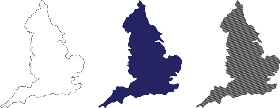 England map vector illustration silhouette set featuring dark blue fill and contour outline versions for british regional geography and united kingdom travel info.