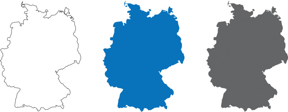 Germany map vector illustration silhouette set including contour outline and blue fill versions for european travel destination design and geography education.