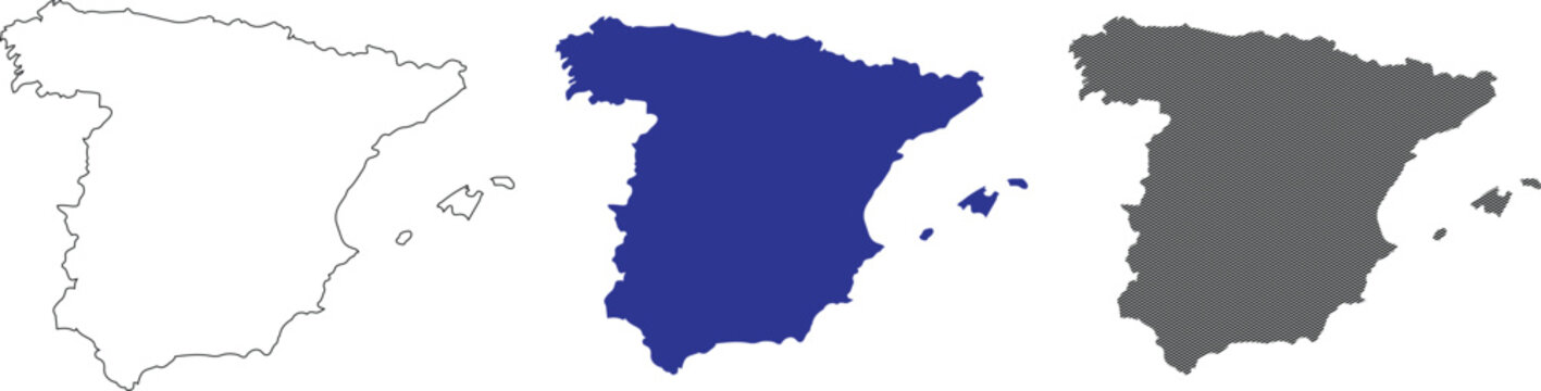 Spain map vector illustration silhouette set including balearic islands for mediterranean travel marketing geography lessons and professional cartographic layout.