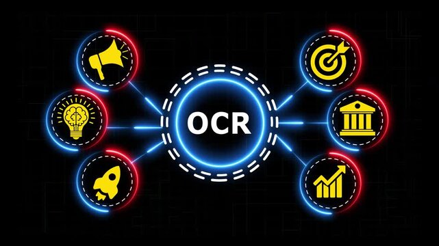 Digital infographic with ocr acronym floating in glowing center circle animation.