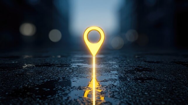 Glowing yellow map pin on wet asphalt road