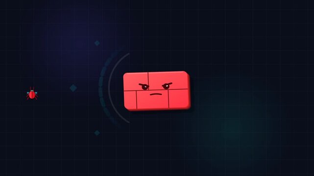 Animated red block character with a ladybug on a dark grid
